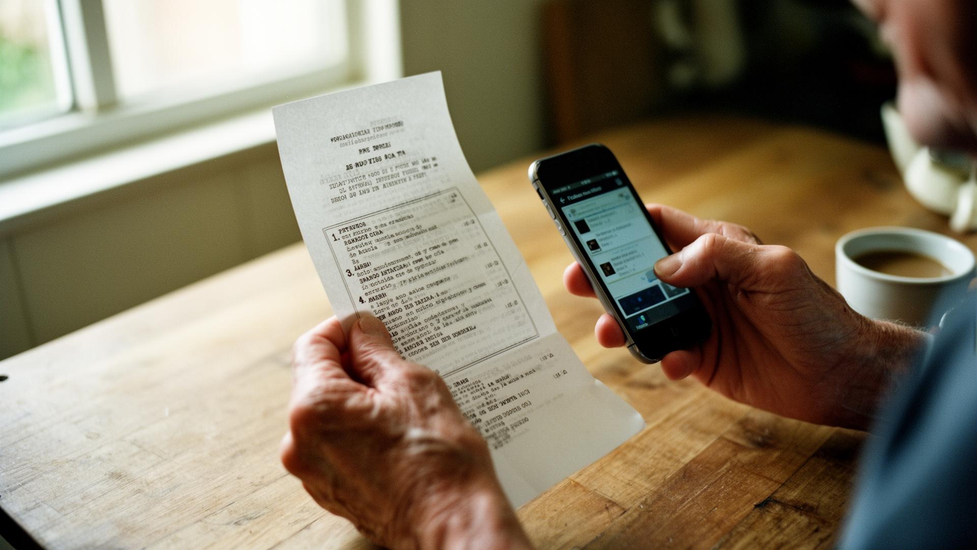 Iemand bekijkt een Spaans document met de telefoon erbij