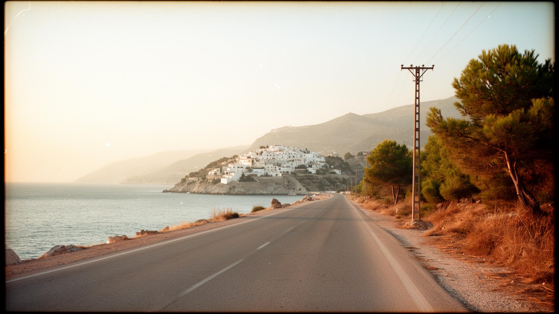 Kustweg langs een wit Spaans dorp aan de Costa Blanca bij avondlicht